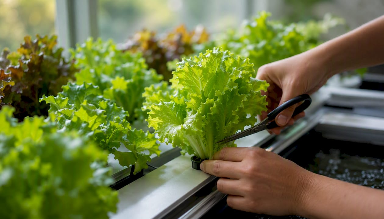 Hand cutting looseleaf lettuce in hydroponic garden