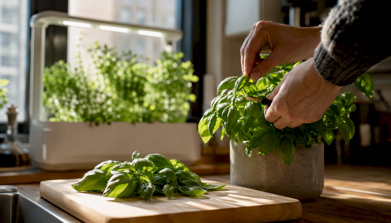 Freshly picked basil leaves on cutting board