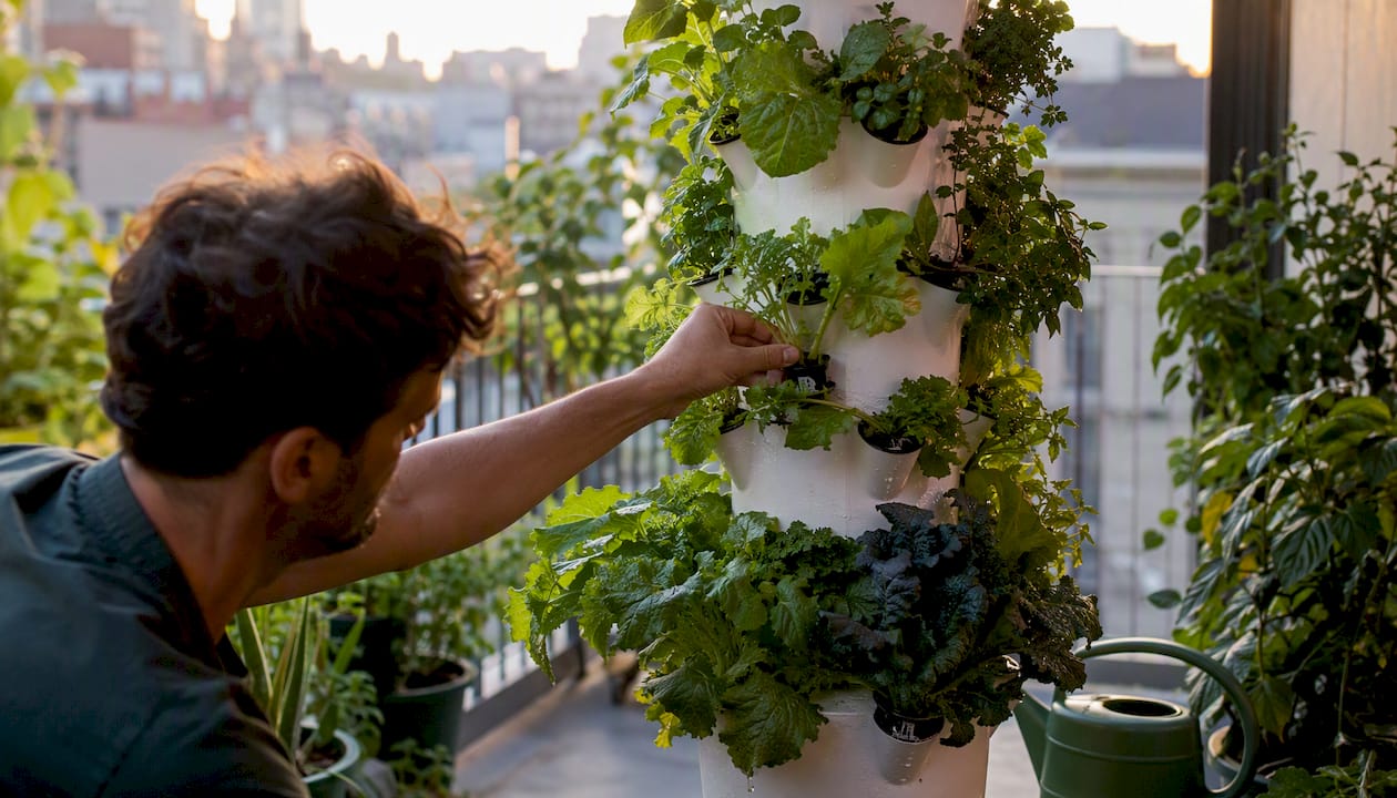 Vertical hydroponic tower on apartment balcony