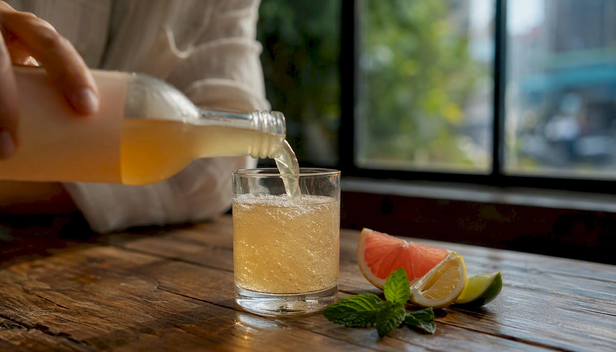 Hand pouring low sugar kombucha into glass with mint garnish