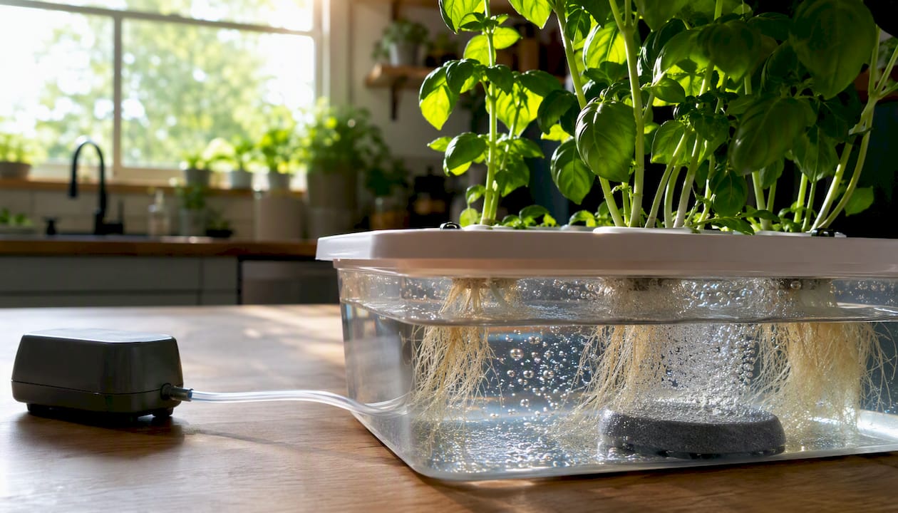 Air bubbles aerating hydroponic plant roots