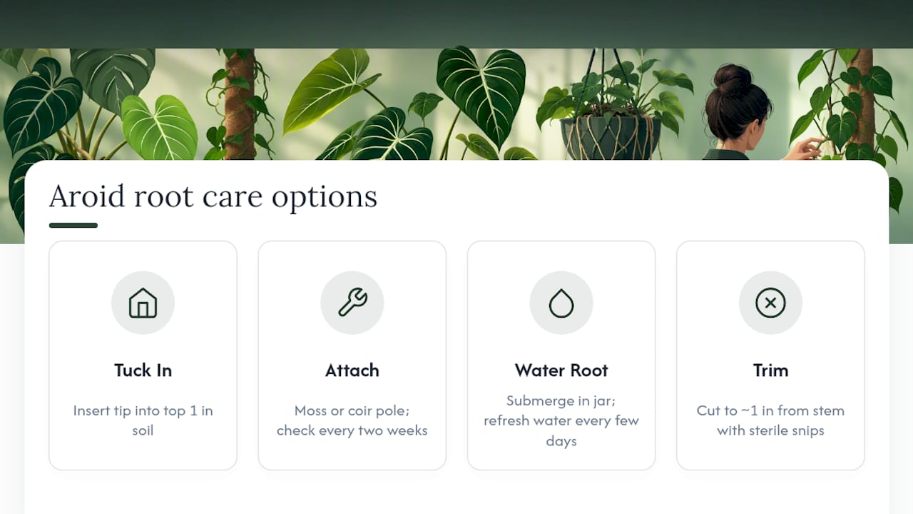 Diagram comparing four aroid aerial root care methods