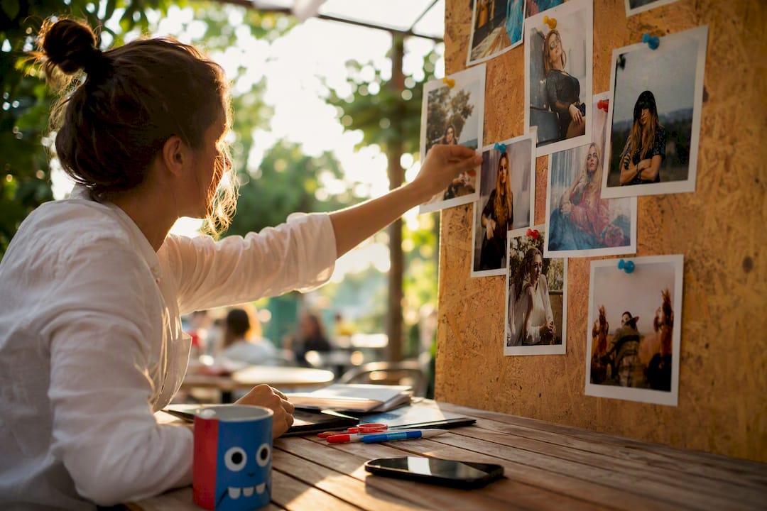 Hand arranging influencer photos on corkboard