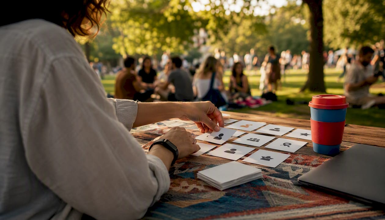 Hands sorting audience segment cards on wooden table