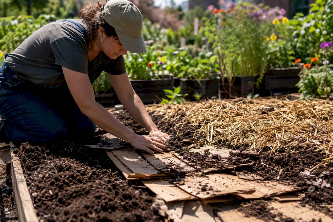 Hands layering cardboard and mulch for no-dig bed