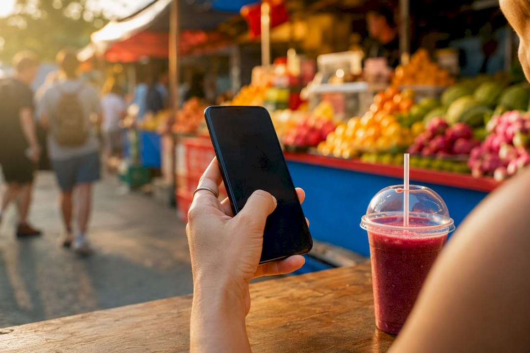 Hand holding phone swiping in local marketing context