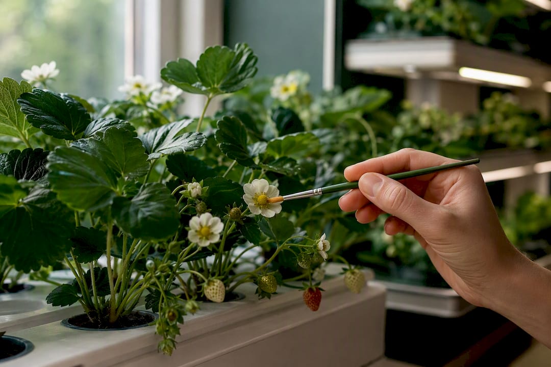 Hand pollinating strawberry flower indoors
