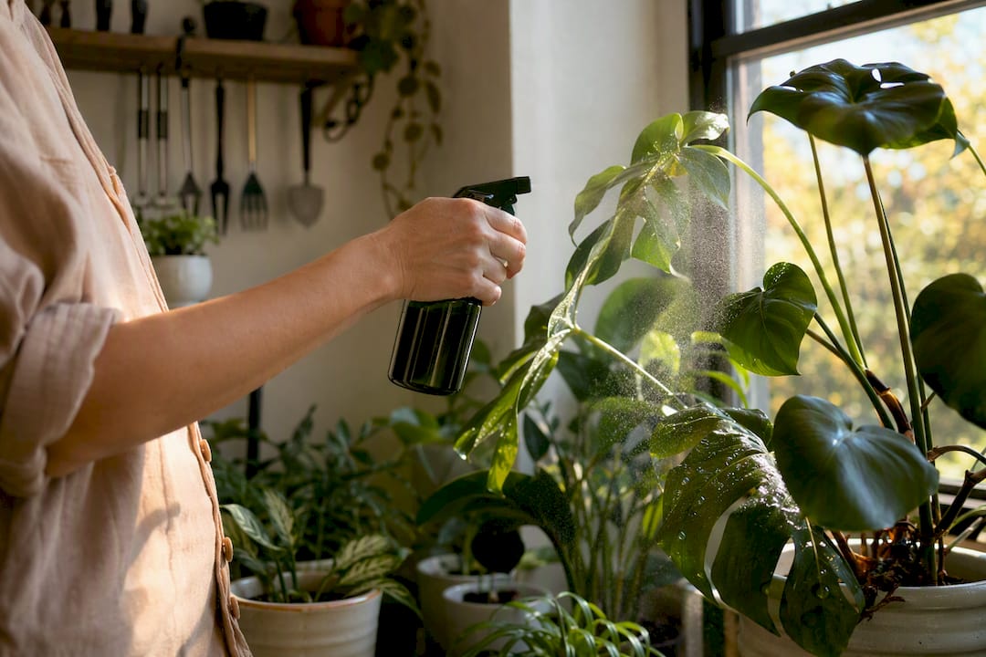 Hand spraying neem oil on plant leaves