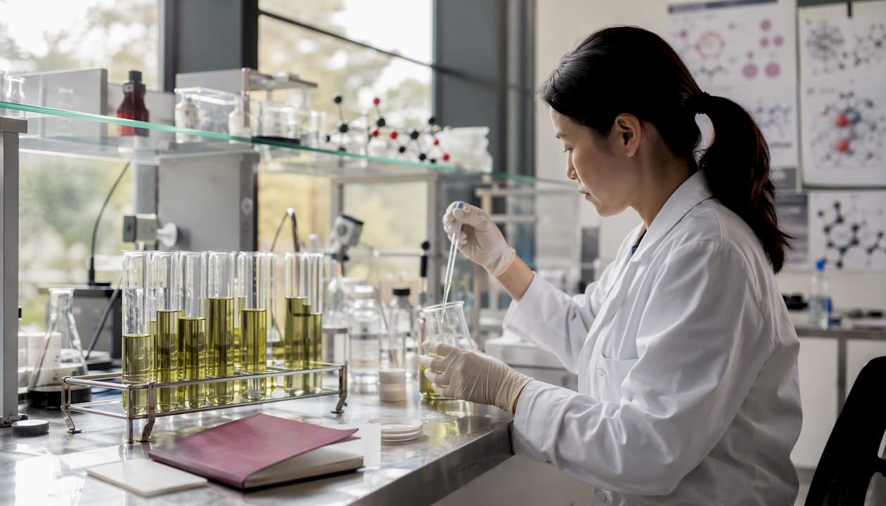 Scientist pipetting kombucha sample in lab