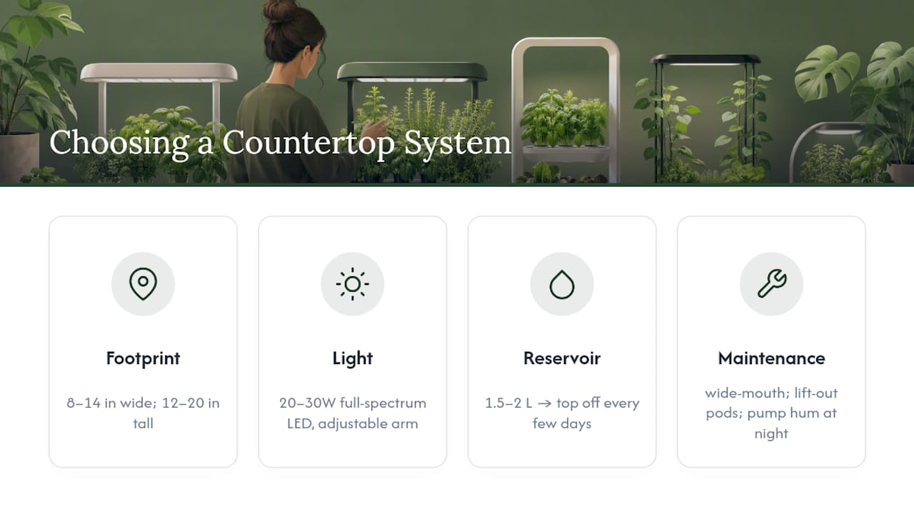 Diagram showing key selection criteria for countertop hydroponics