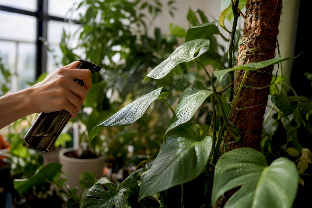 Hand spraying leaf in indoor garden with low-odor spray