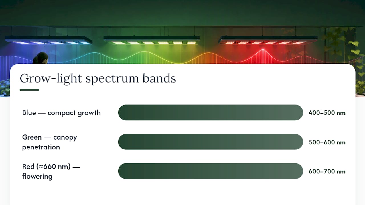 Grow light wavelength bands and plant effects