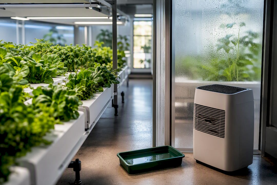 Dehumidifier beside crops in humid grow room