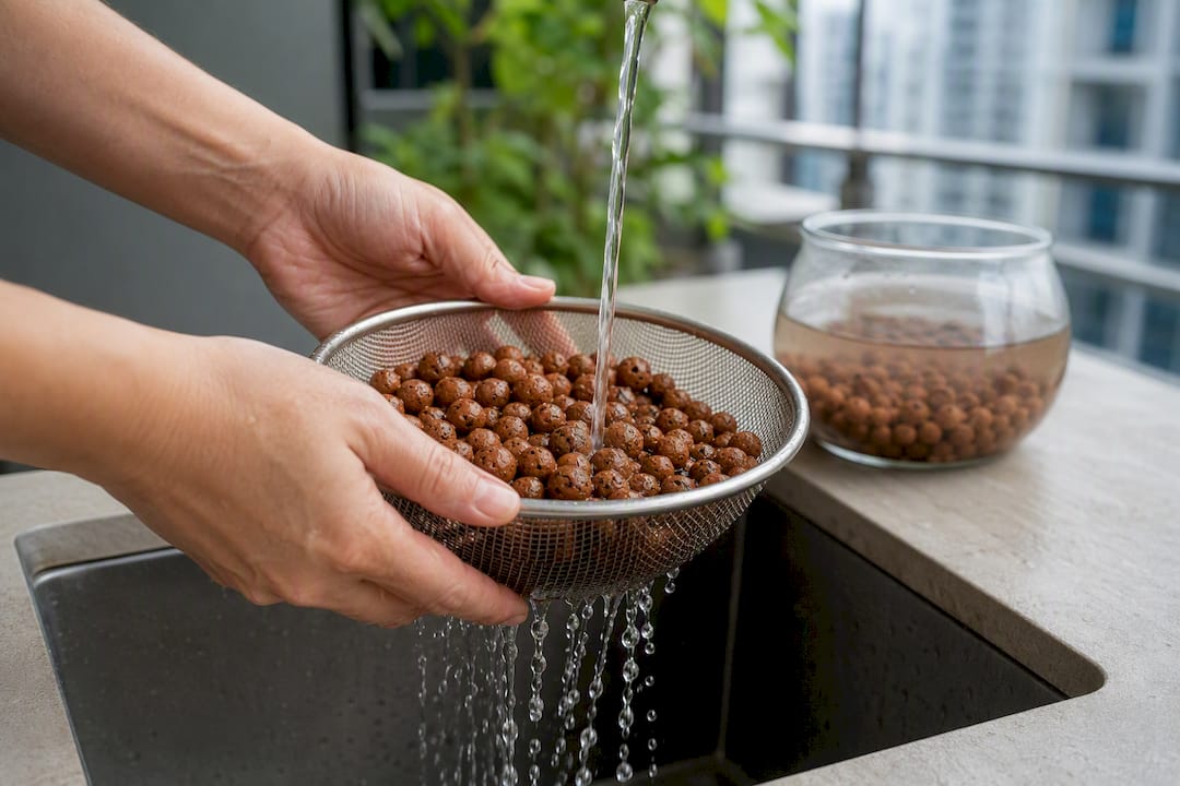 Hands rinsing reusable LECA clay pellets
