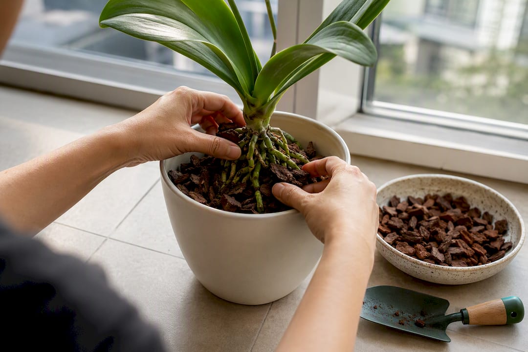 Hands repotting an orchid with fresh bark