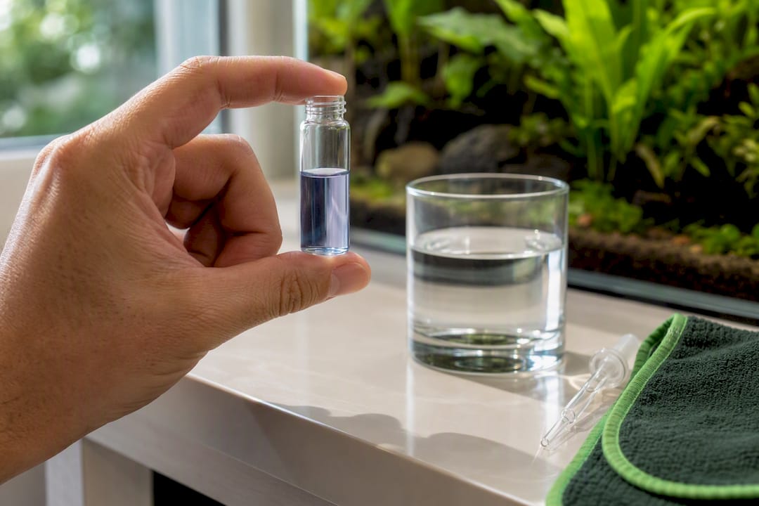 Testing treated aquarium water in a vial