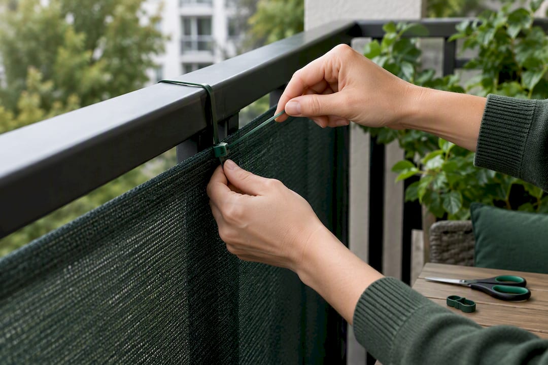 Hands securing balcony mesh with zip tie