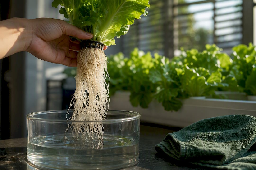 Healthy white lettuce roots being inspected