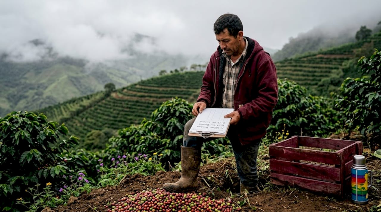 Farmworker reviewing coffee bean traceability data