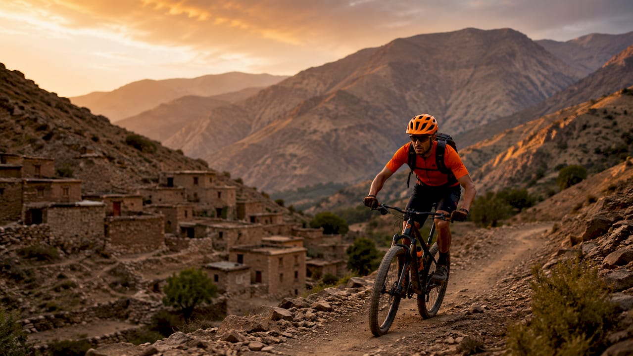 Cyclist riding mountain trail in Atlas Mountains Morocco