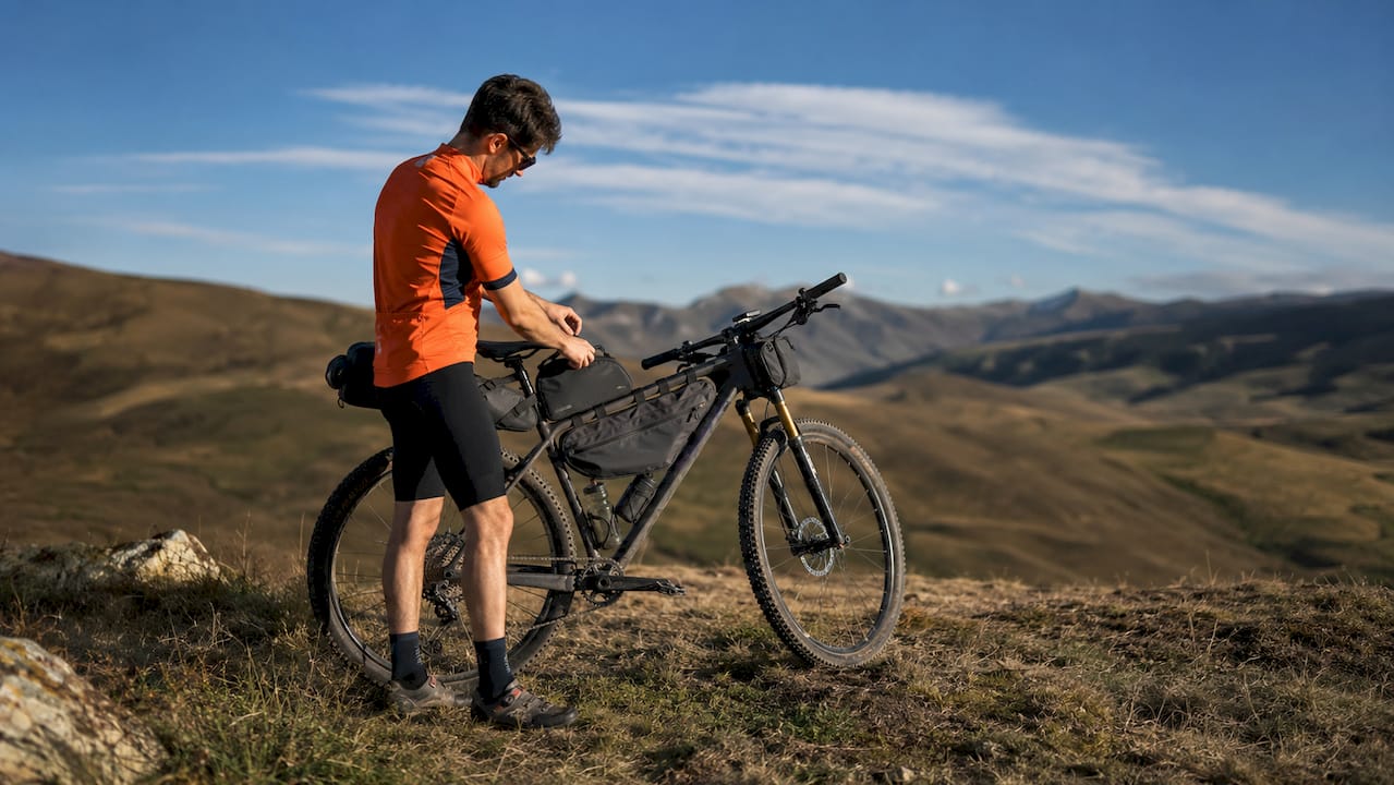 Cyclist adjusting lightweight bikepacking bags outdoors