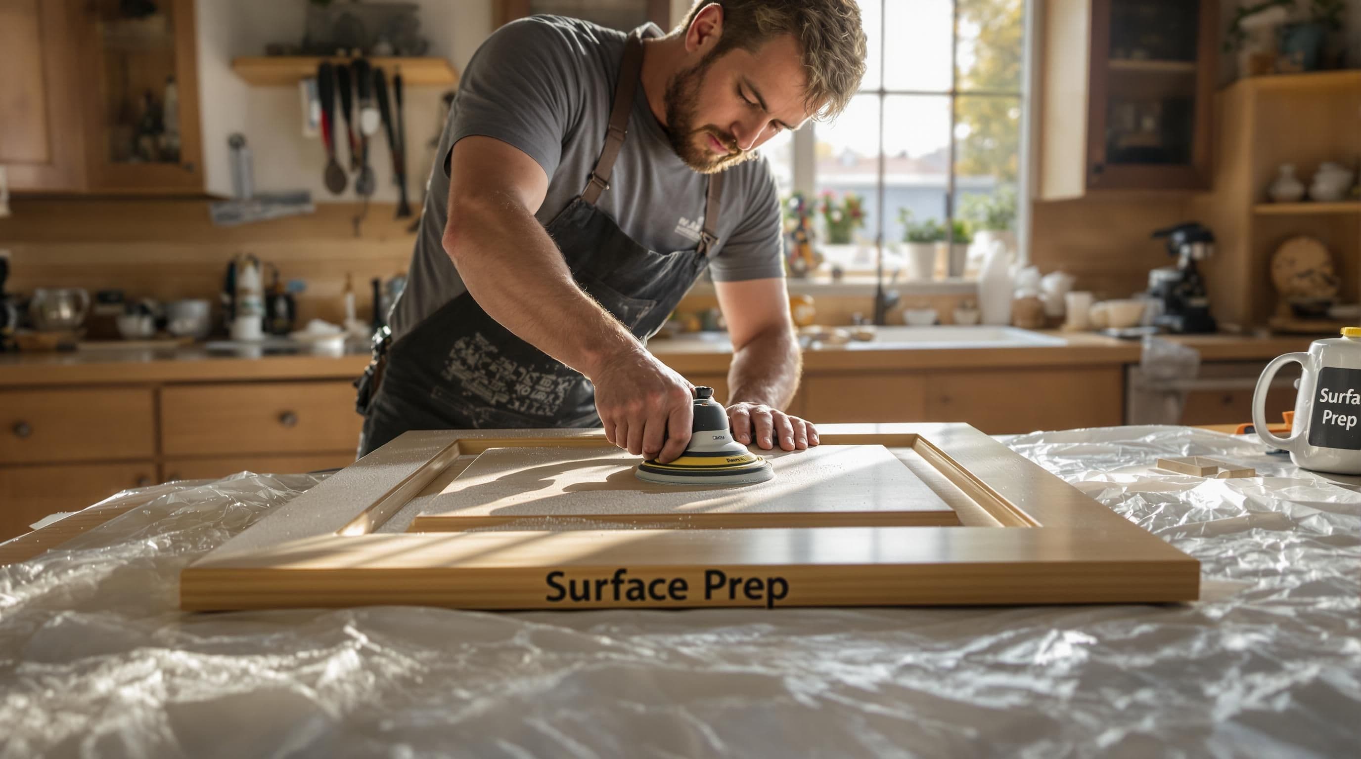 Professional sanding cabinet with 'Surface Prep' sign nearby