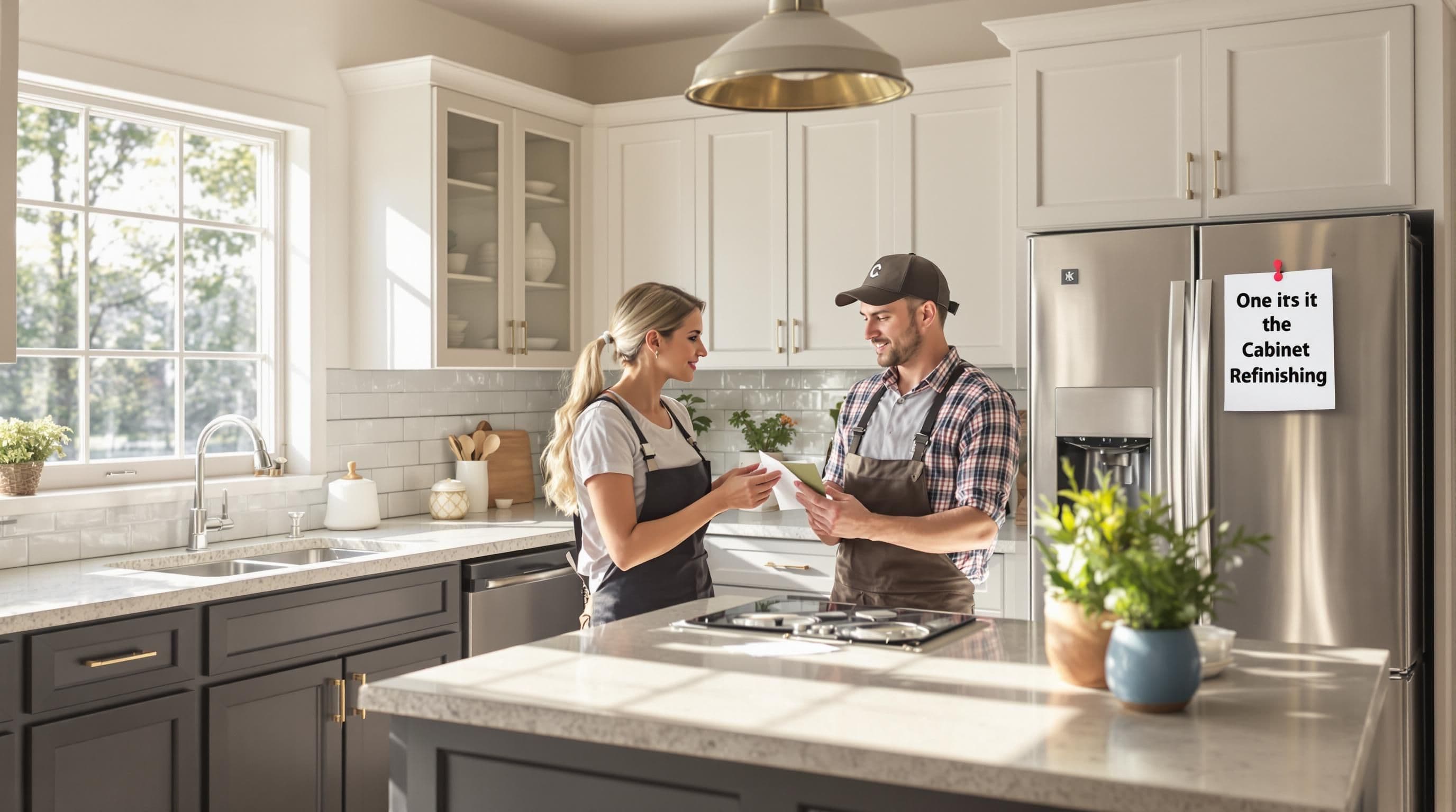 Homeowner and professional reviewing cabinet samples in a well-lit kitchen