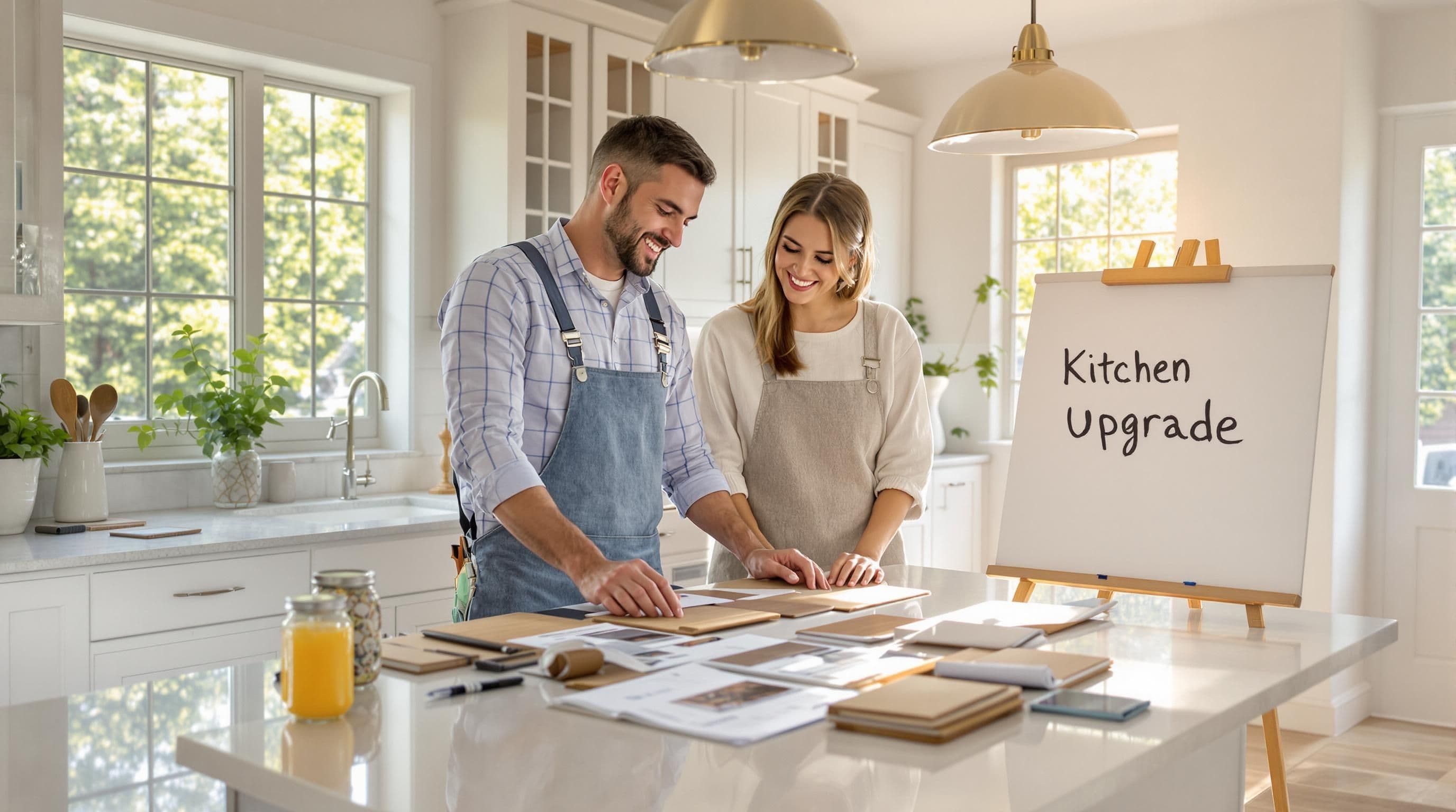 Homeowners and contractor planning kitchen cabinet refacing project