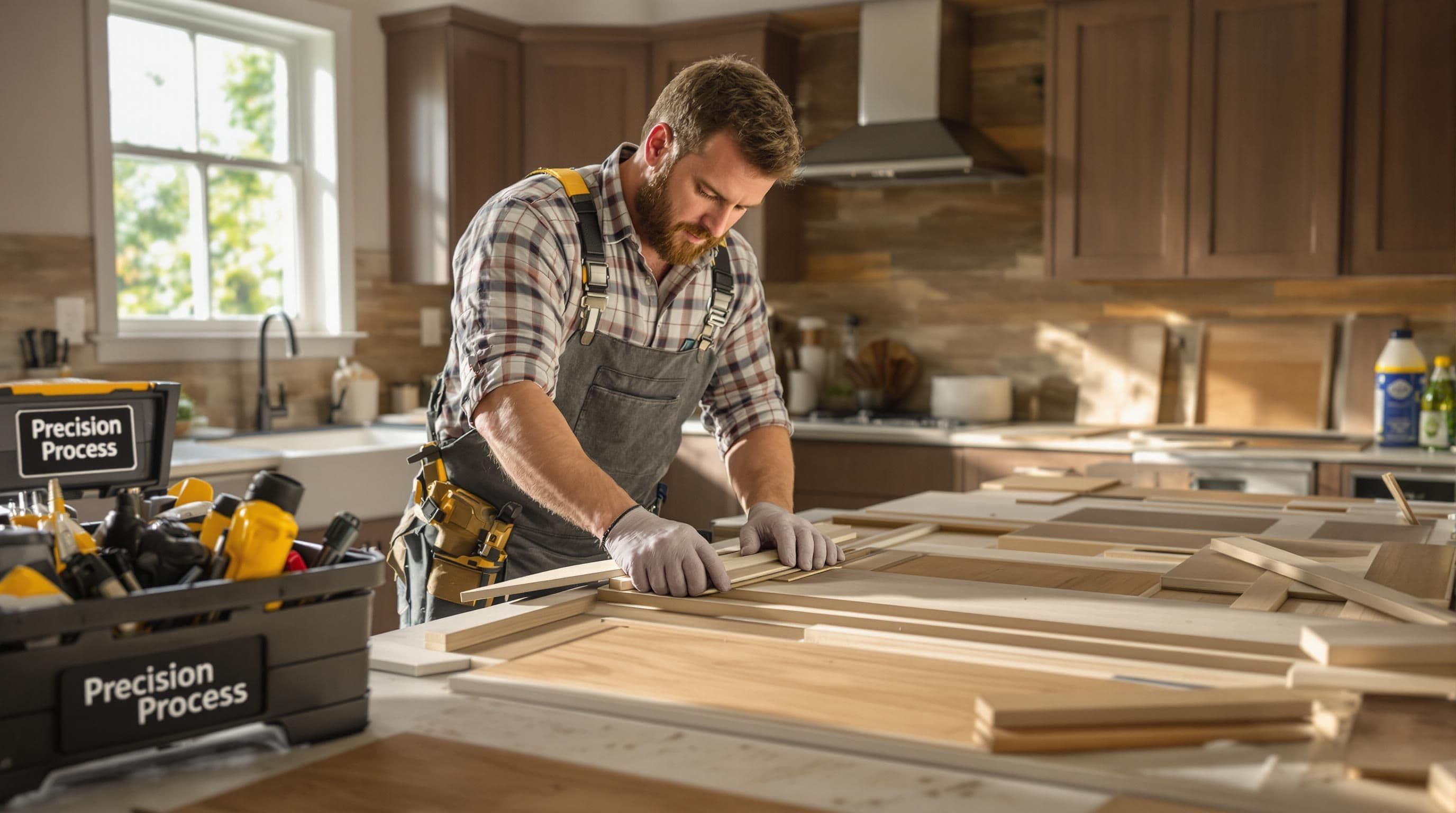 Technician applying veneer to kitchen cabinets during refacing process