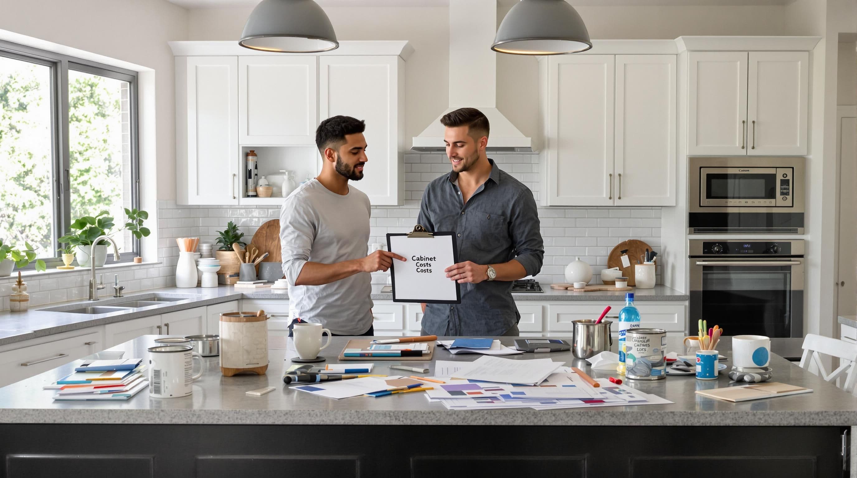 Homeowners and painter review cabinet painting costs in a bright kitchen
