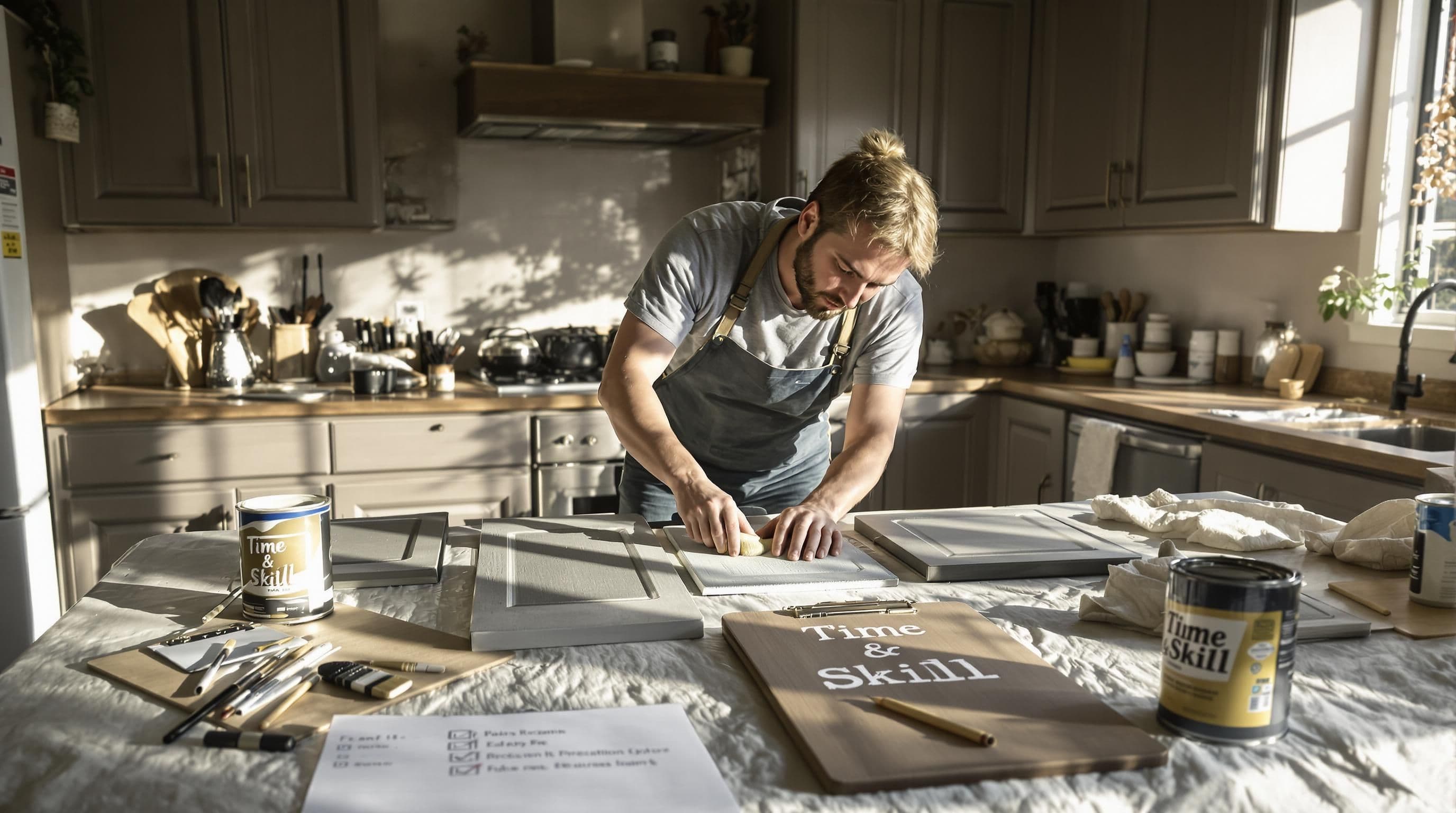 DIY homeowner sands cabinet doors, showing time and skill investment