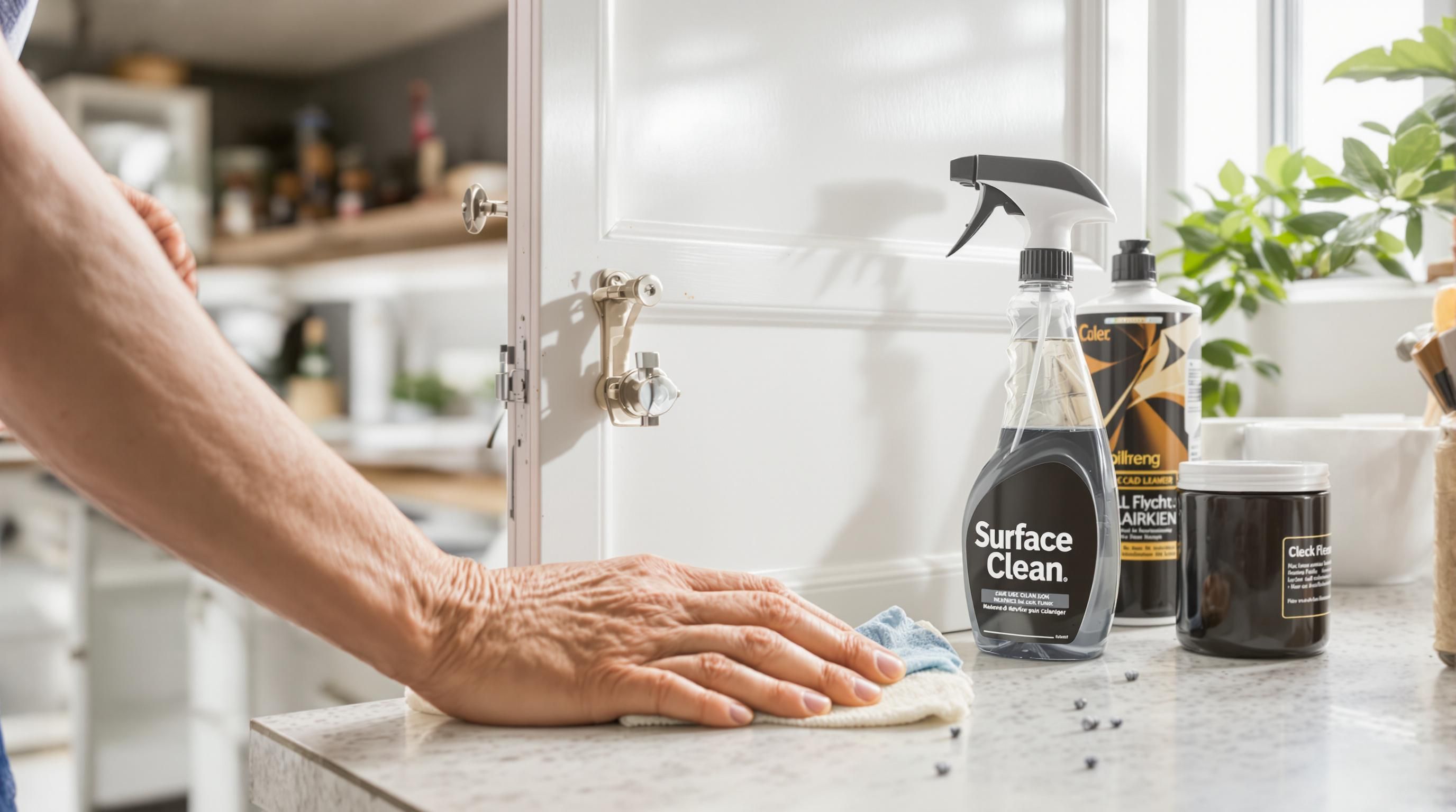 Hands cleaning kitchen cabinet door with degreasing cleaner and hardware on counter