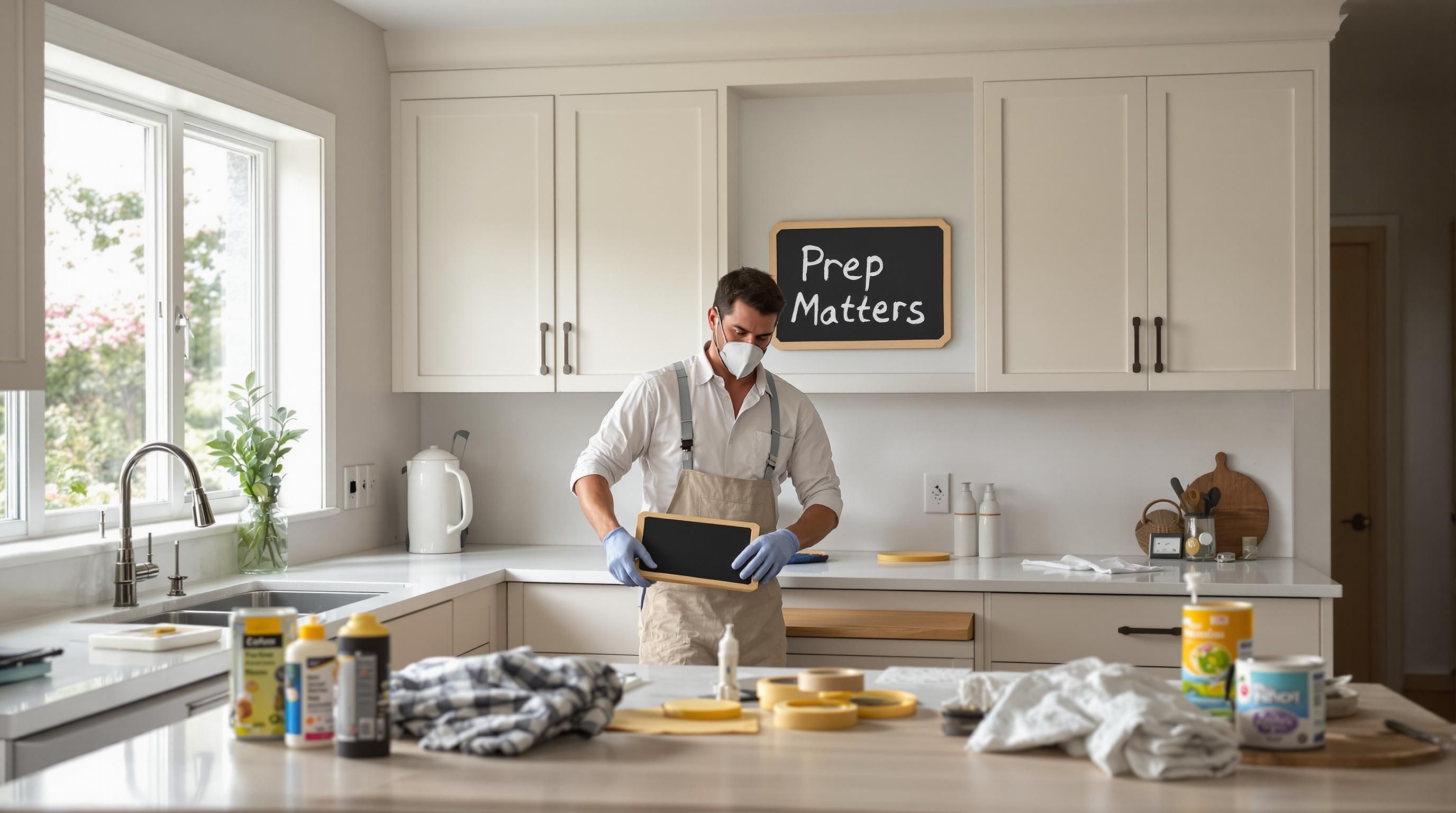 Homeowner preparing kitchen cabinets for painting with prep tools visible