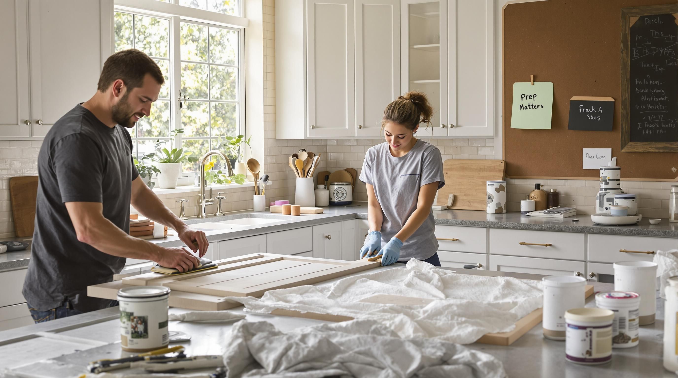 Adult and teen prepping kitchen cabinets for painting, sanding and organizing supplies