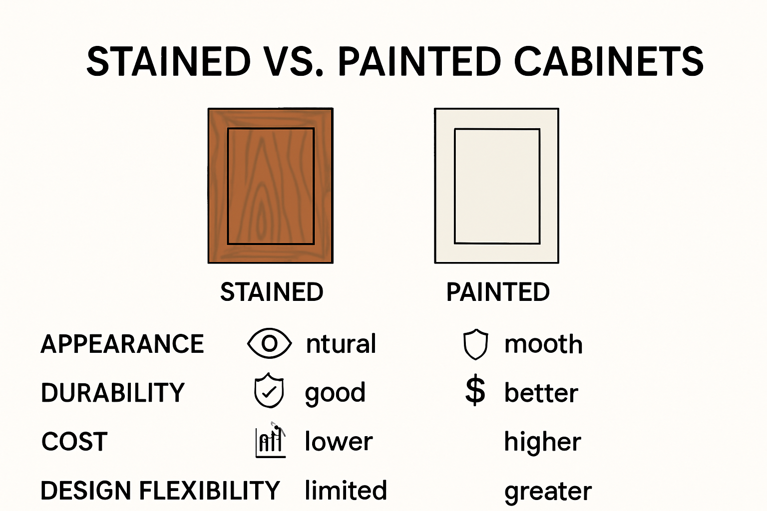 Infographic comparing stained versus painted cabinets benefits