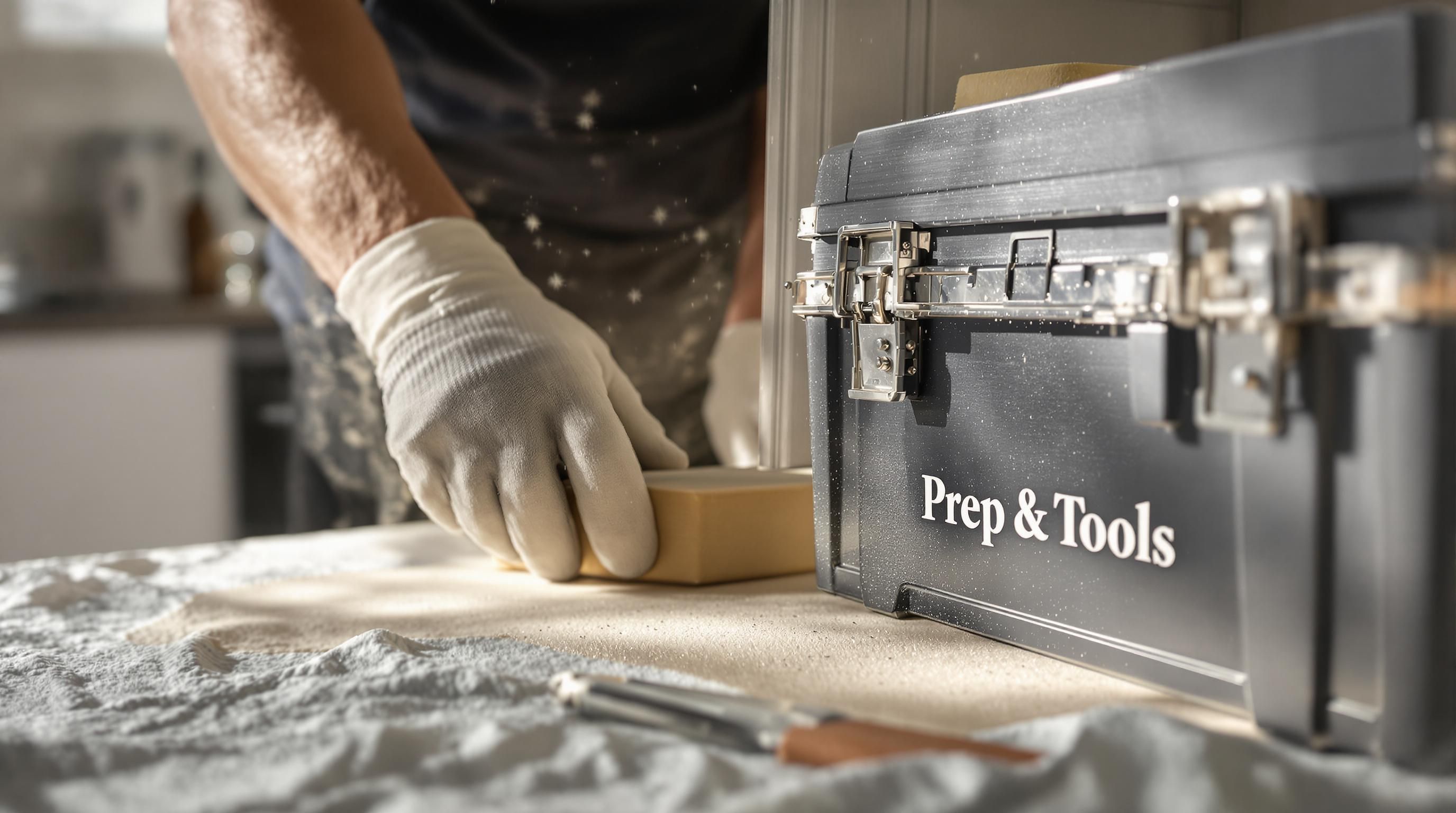 Painter sands cabinet door surrounded by prep tools in bright kitchen.