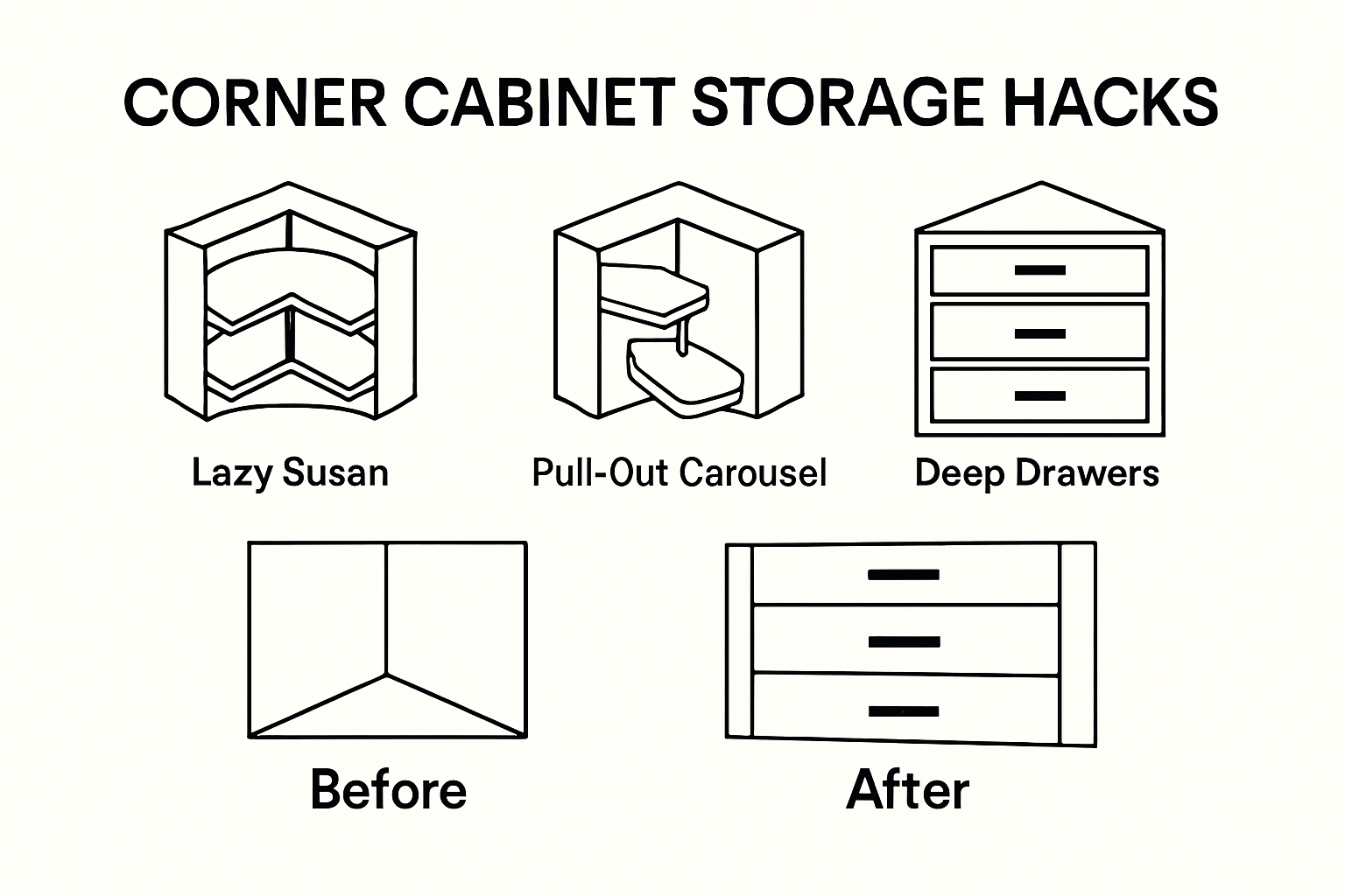 Infographic showing corner cabinet storage solutions
