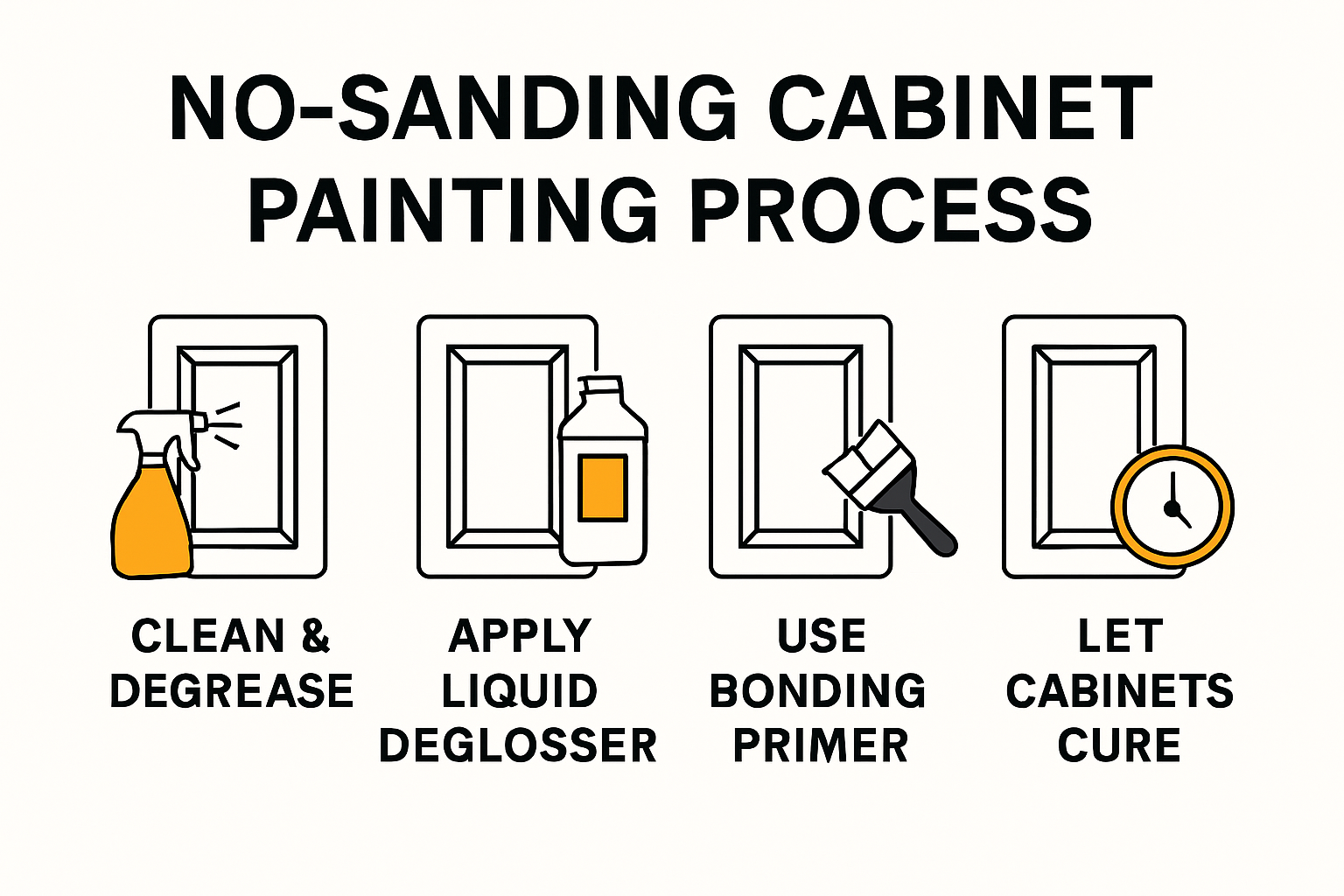 Infographic showing no-sand cabinet painting steps and timeline