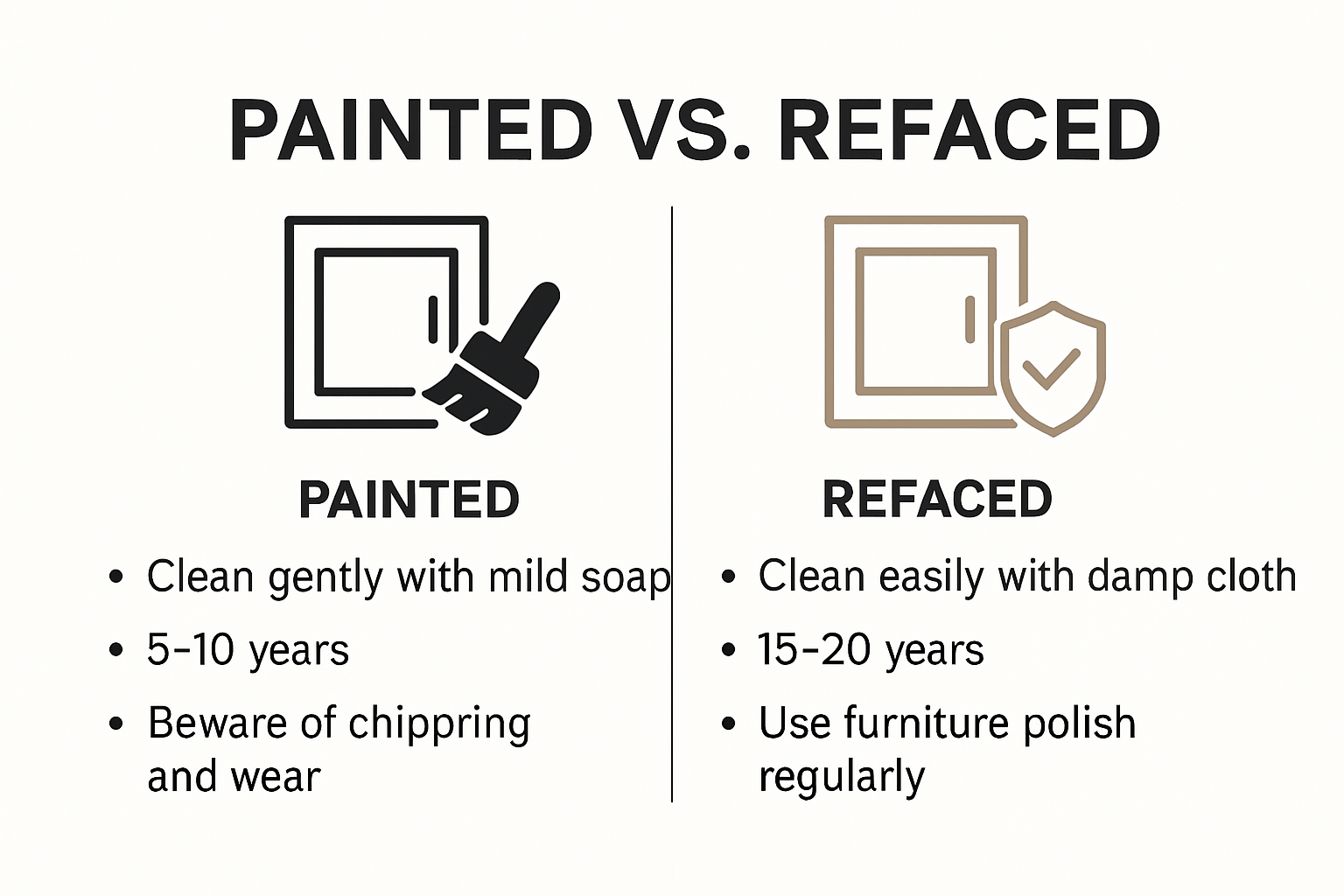 Infographic comparing maintenance of painted vs refaced cabinets