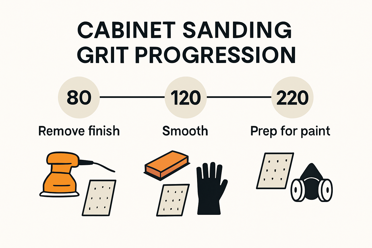 Infographic showing cabinet sanding grit progression steps