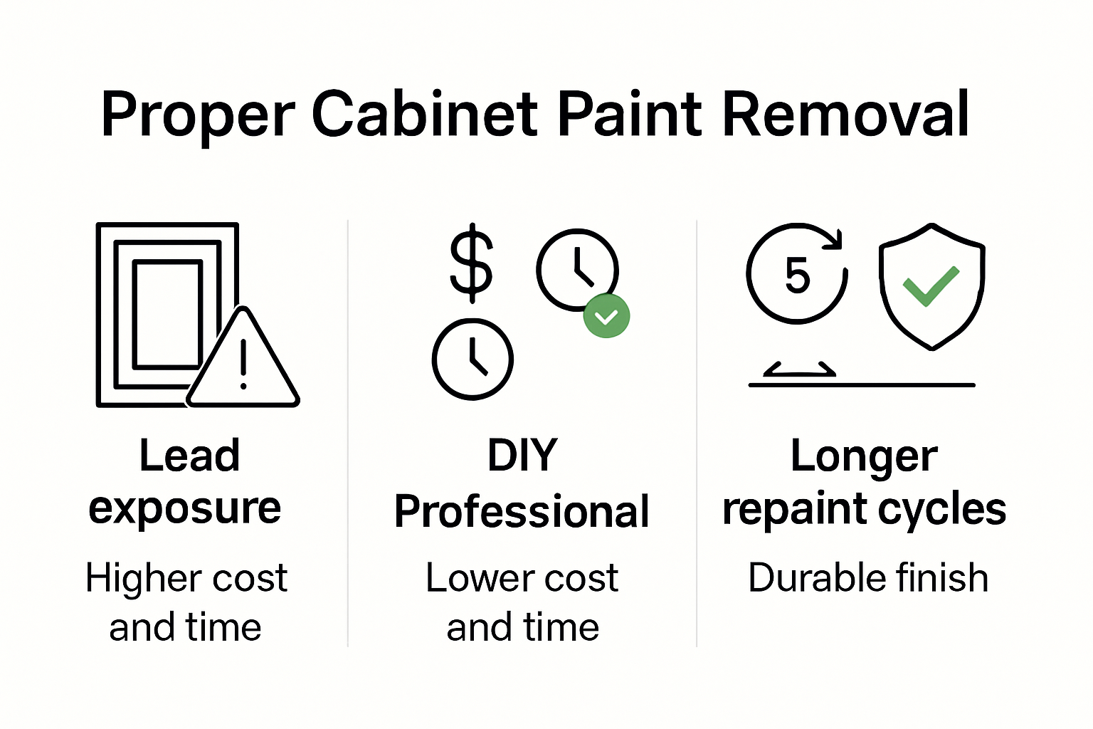 Infographic summarizing old cabinet paint risks and benefits of removal