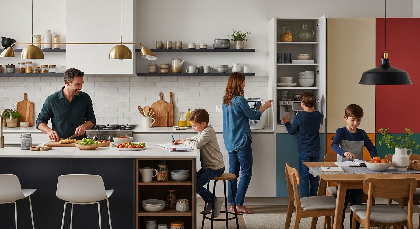 modern kitchen design, busy family, open concept