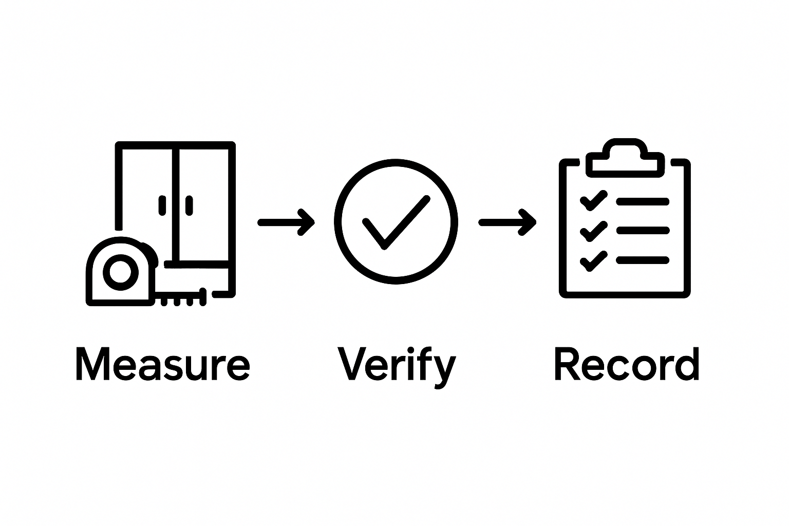 Three-step infographic showing measure, verify, record cabinets
