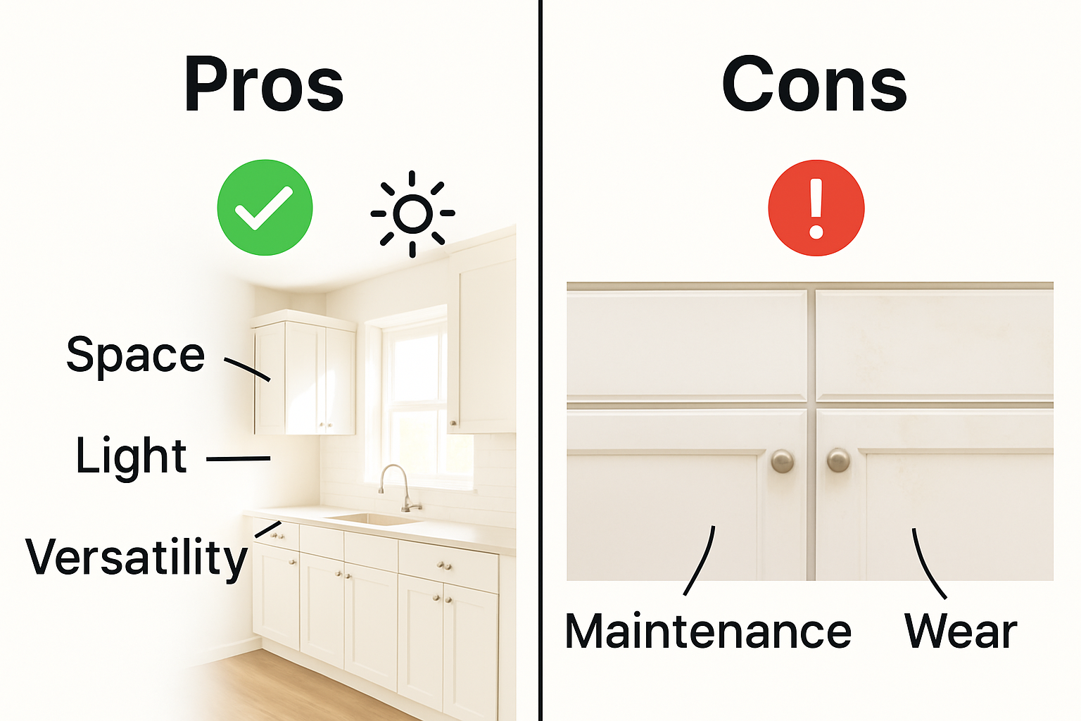 Infographic showing white cabinets key pros and cons with icons