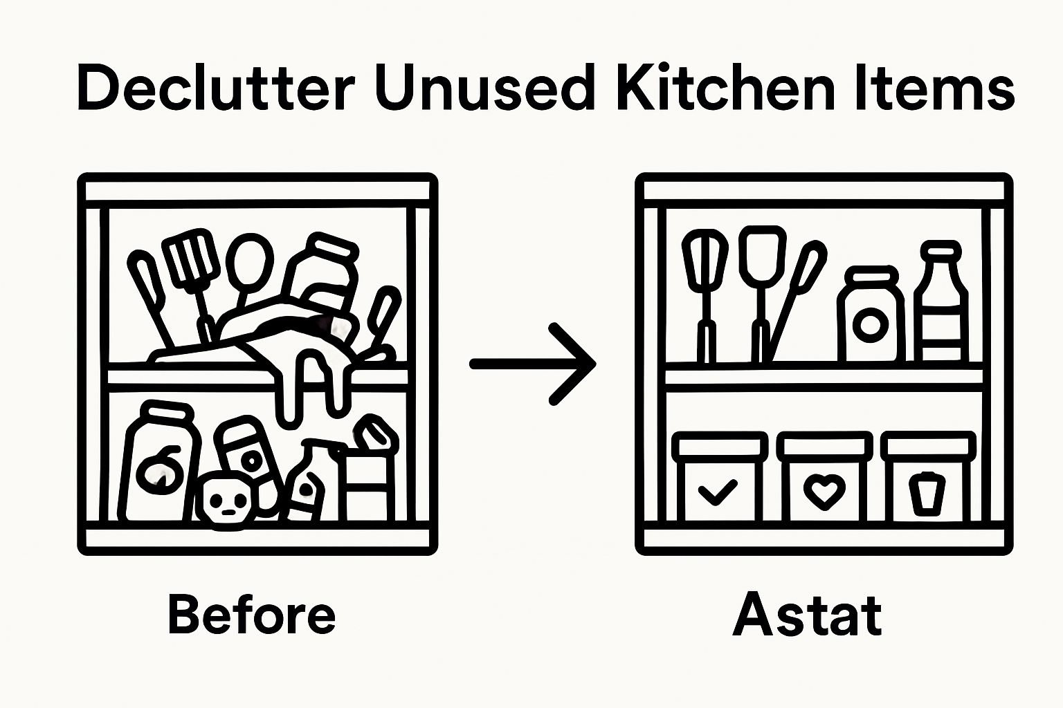 Before and after kitchen cabinet decluttering infographic showing clutter to organized bins
