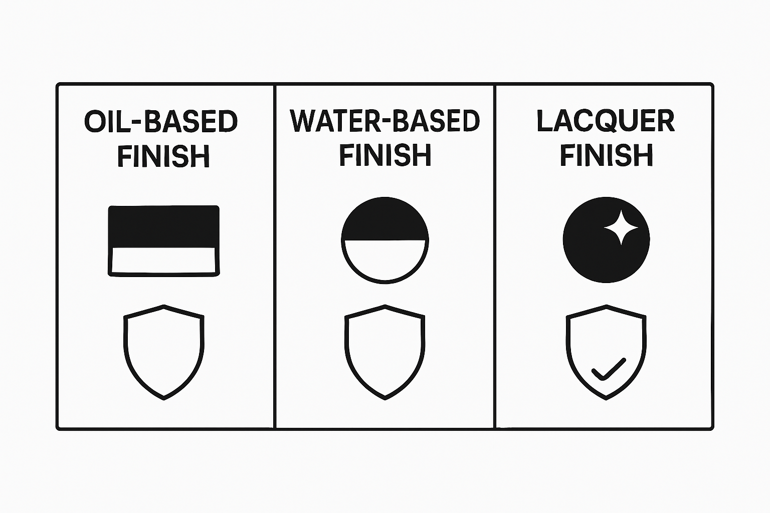 Infographic comparing lacquer, oil-based, and water-based wood finishes