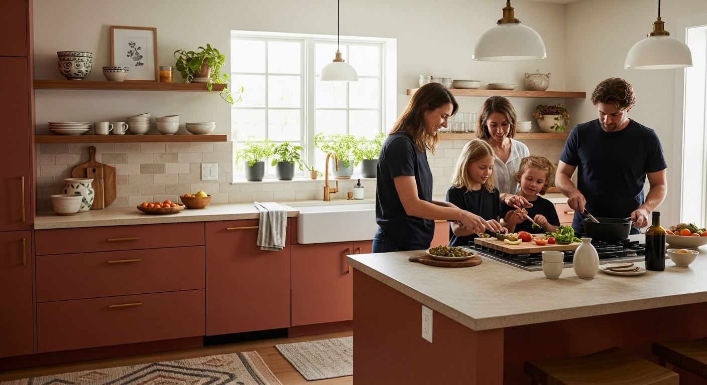 warm kitchen design, cozy kitchen, family cooking