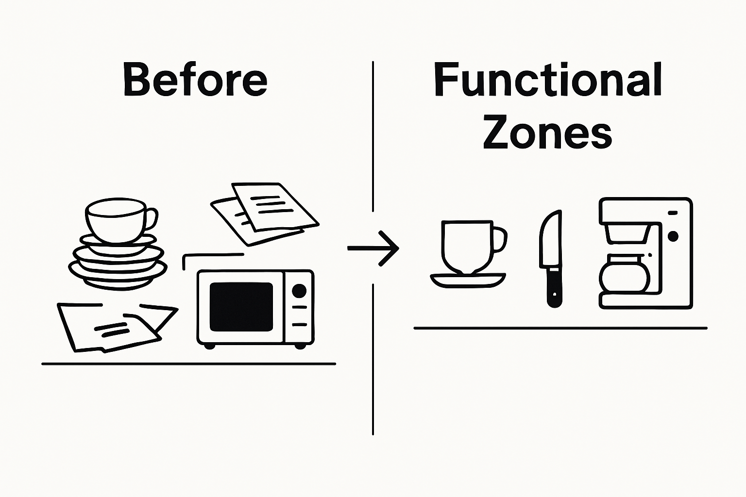 Infographic showing cluttered vs. organized kitchen counter transformation