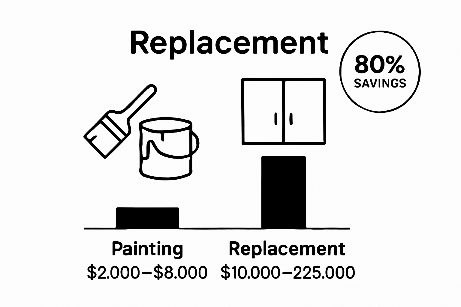 Side-by-side visual comparing cabinet painting and cabinet replacement costs