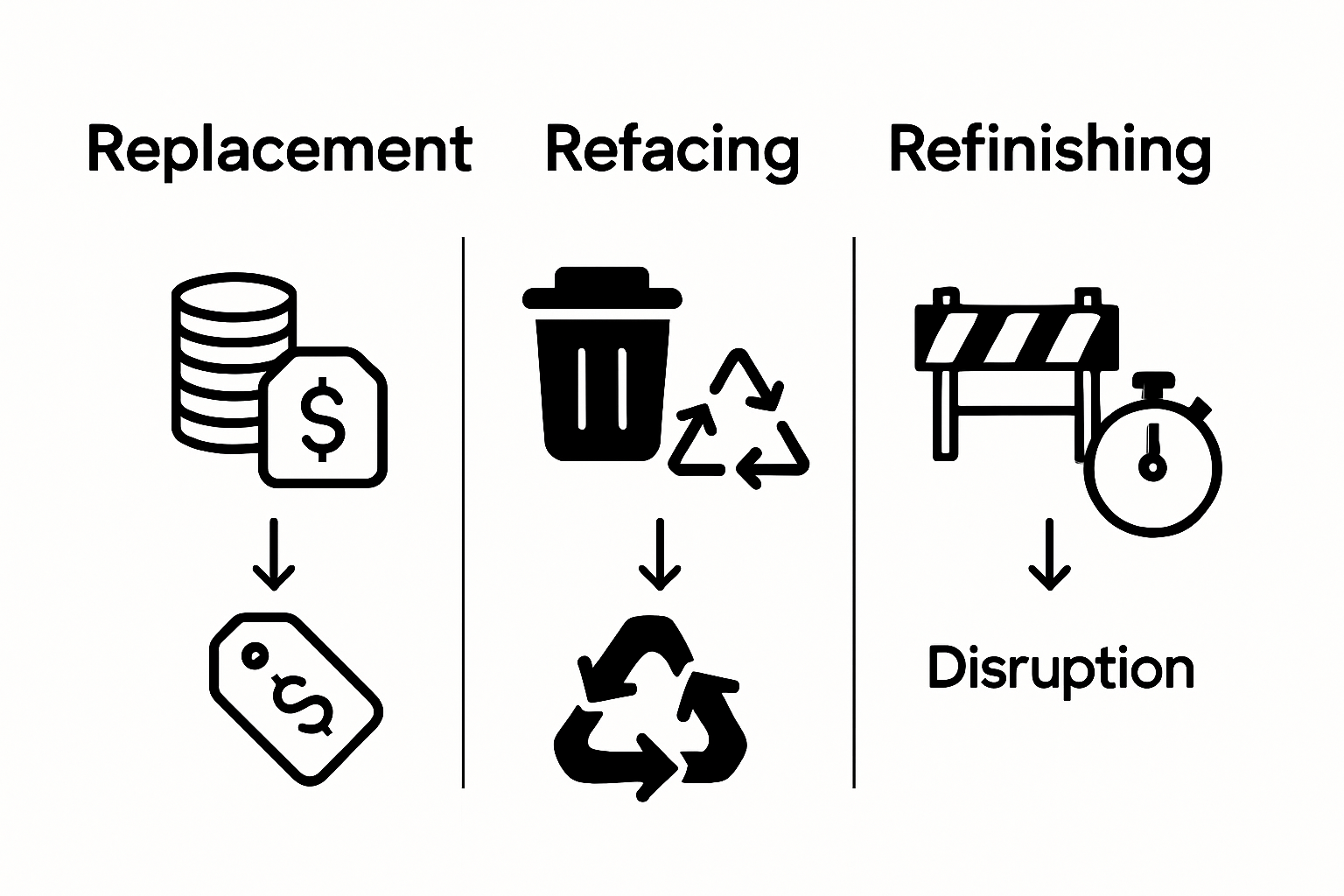 Visual comparison of replacement, refacing, and refinishing